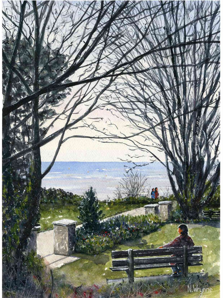 A SEA VIEW - Distant blue sea Looking Bench Watercolour Original Art by Neil Wrynne