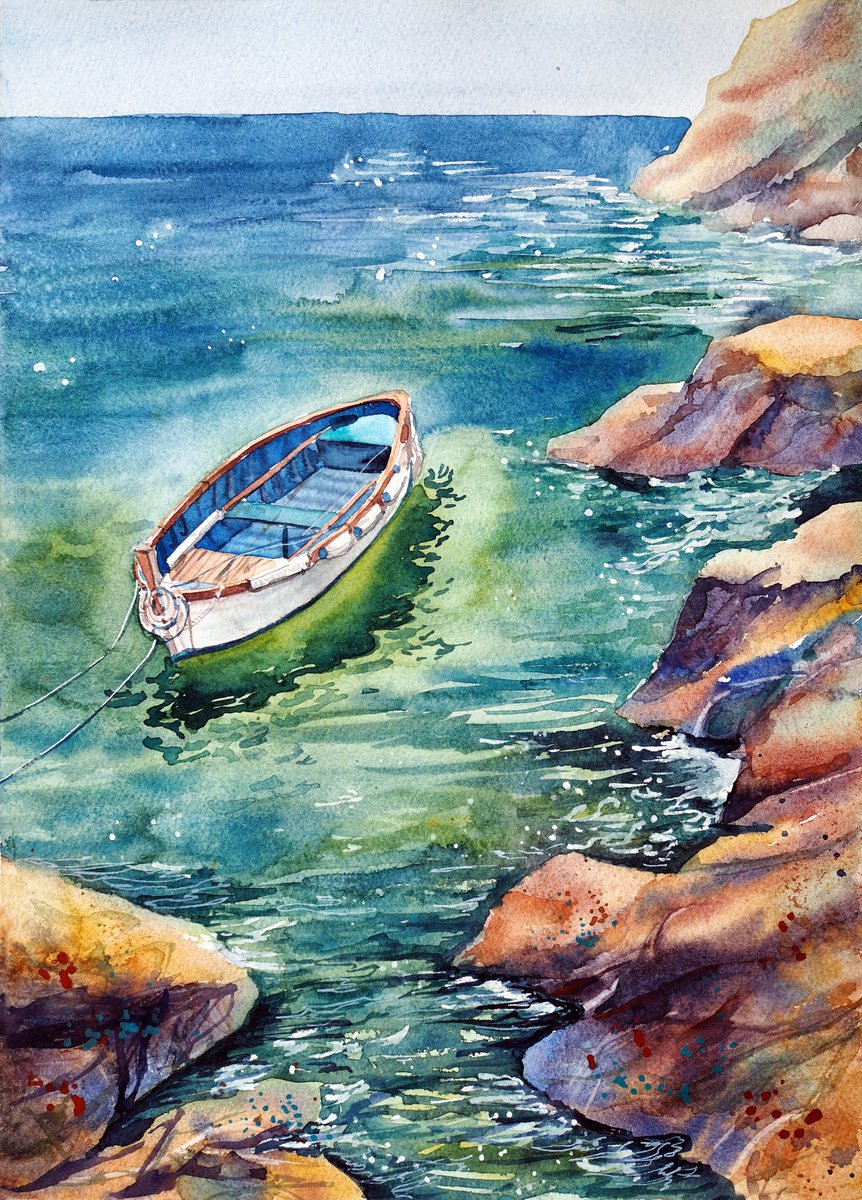 Impressionistic Landscape Watercolour By Delnara El, 11 X 15, Boat In A Picturesque Bay, Original Artwork