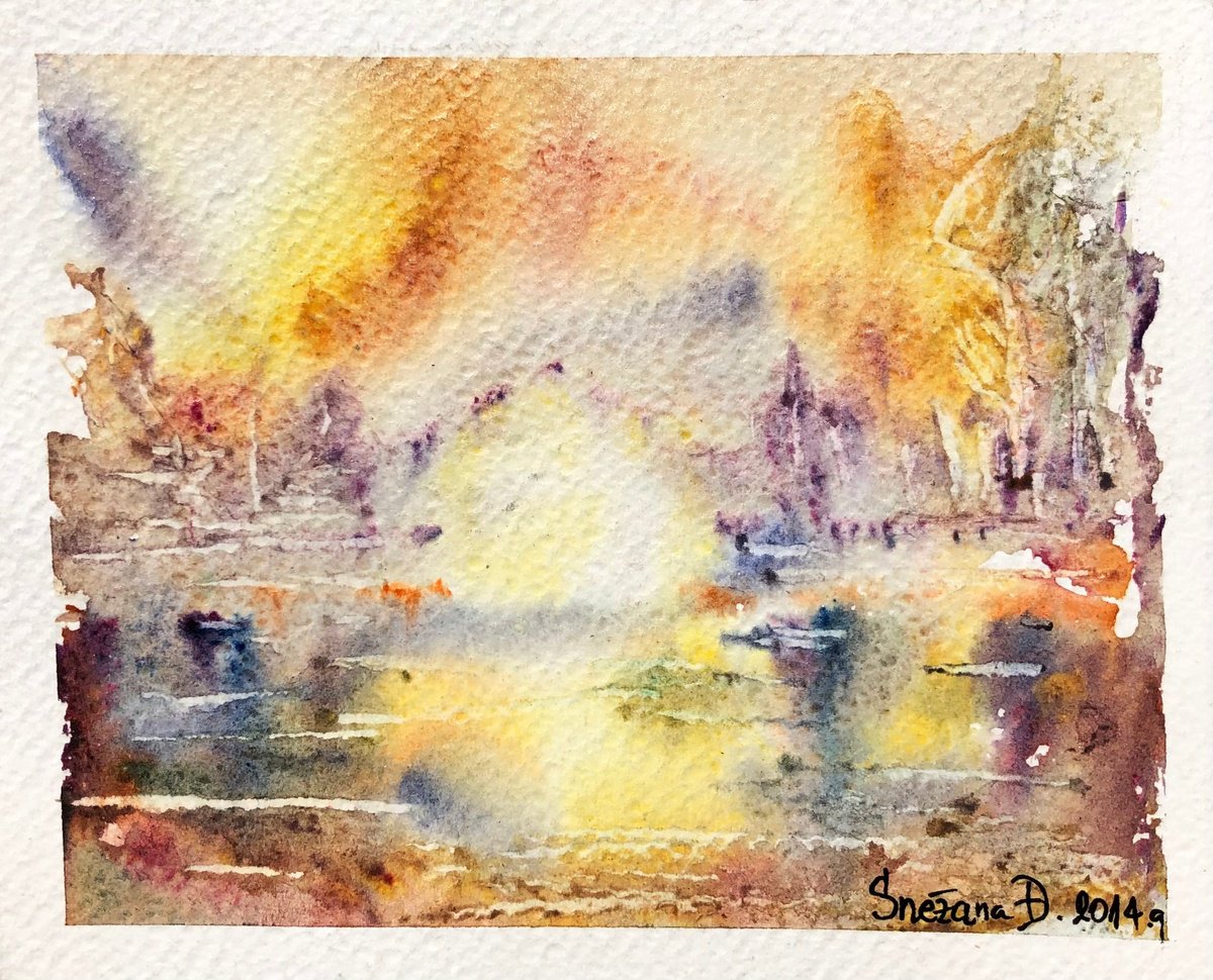 Impressionistic Landscape Watercolour By Snezana Djordjevic, 6 X 5", The Golden Hour, Original Artwork
