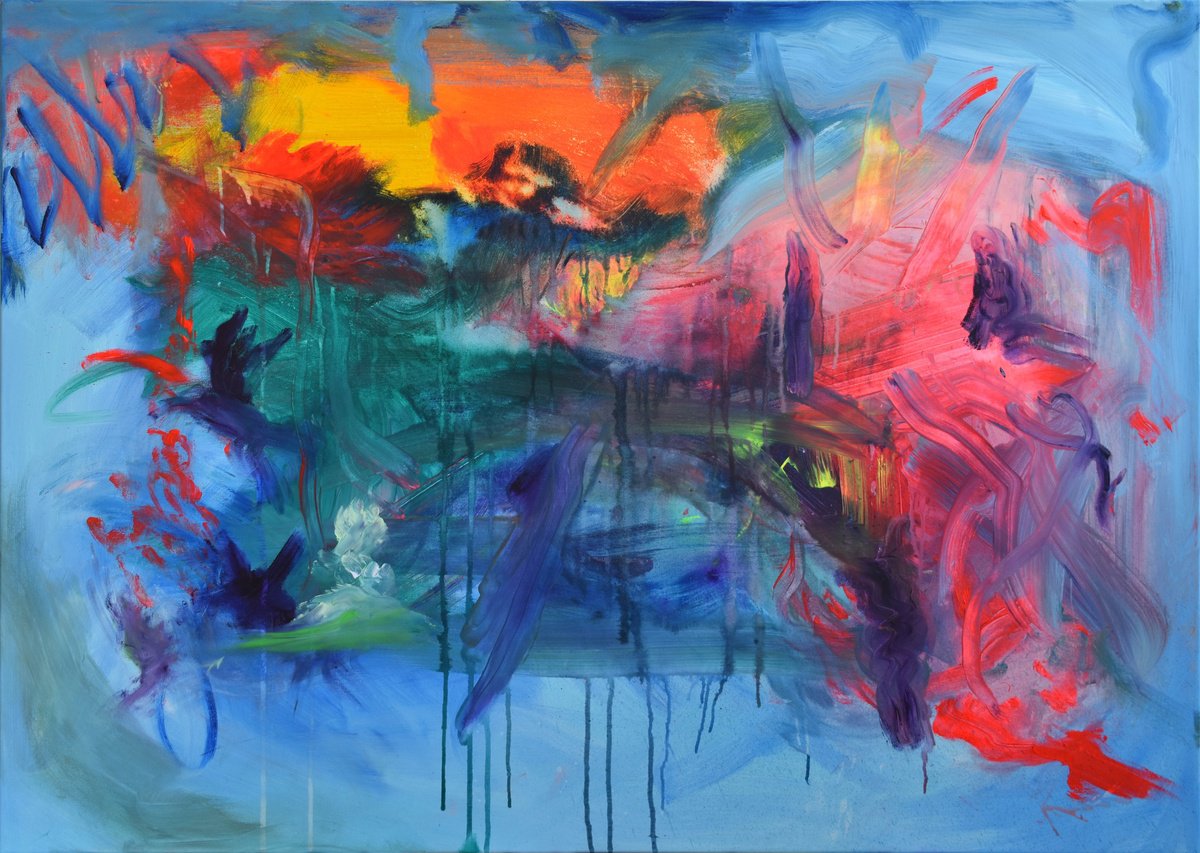 Abstract Acrylic Painting By Sebastian Merk, 55 X 39", Volcanic Island, Original Artwork