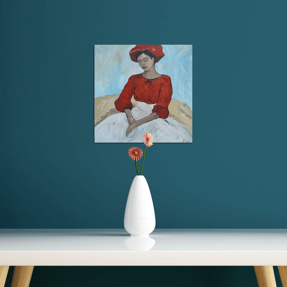 A Girl in a Red Blouse and Hat