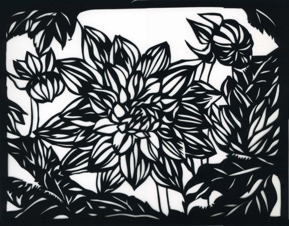 Botanical Drawing By Alfred Ng, 11 X 9, Black Dahlia Paper Cut, Original Artwork