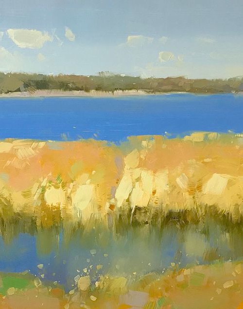 Lakeside, Landscape oil painting, One of a kind, Signed, Handmade artwork by Vahe Yeremyan