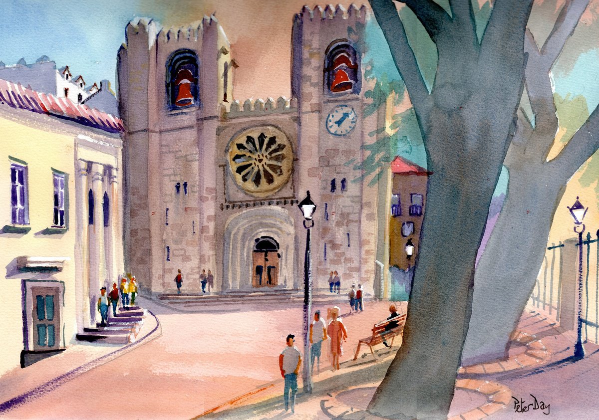 Impressionistic Cityscapes Watercolour By Peter Day, 17 X 13", Lisbon Cathedral. Portugal, Original Artwork