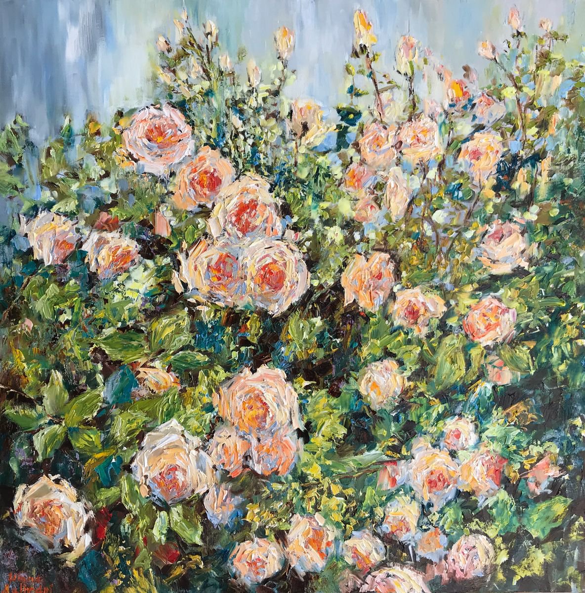 Impressionistic Botanical Oil Painting By Diana Malivani, 31 X 31, Garden Roses, Original Artwork