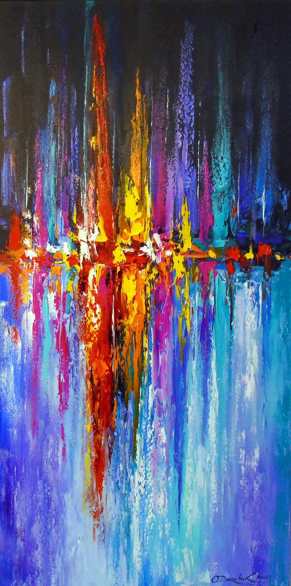 Abstract Oil Painting By Olha Darchuk, 20 X 39", Night Bay, Original Artwork