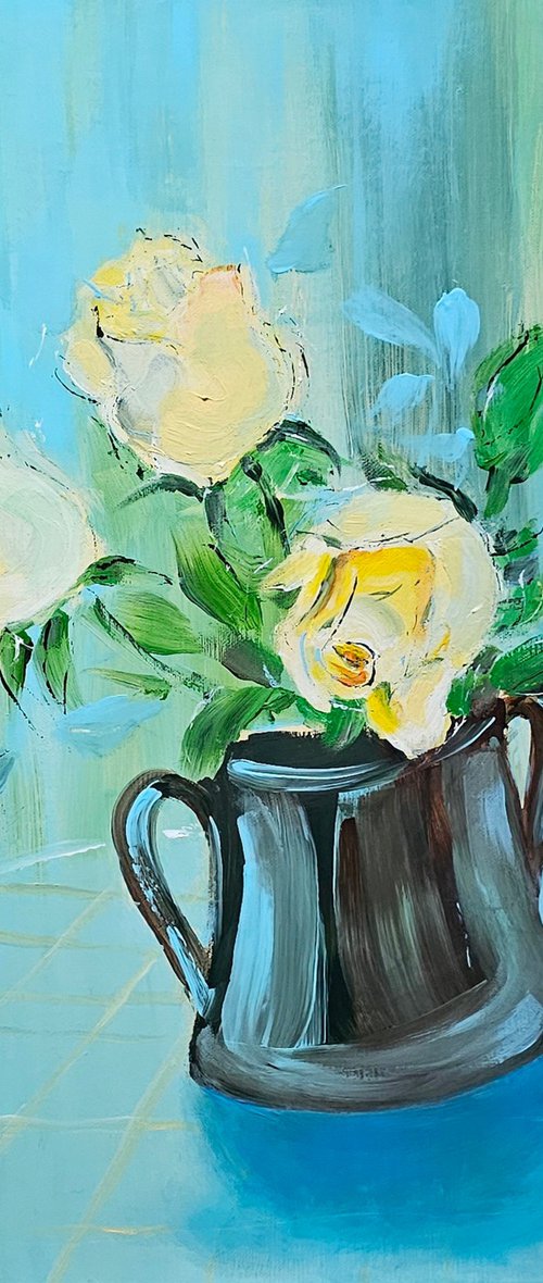 Blooming yellow roses on blue by Ksenia June