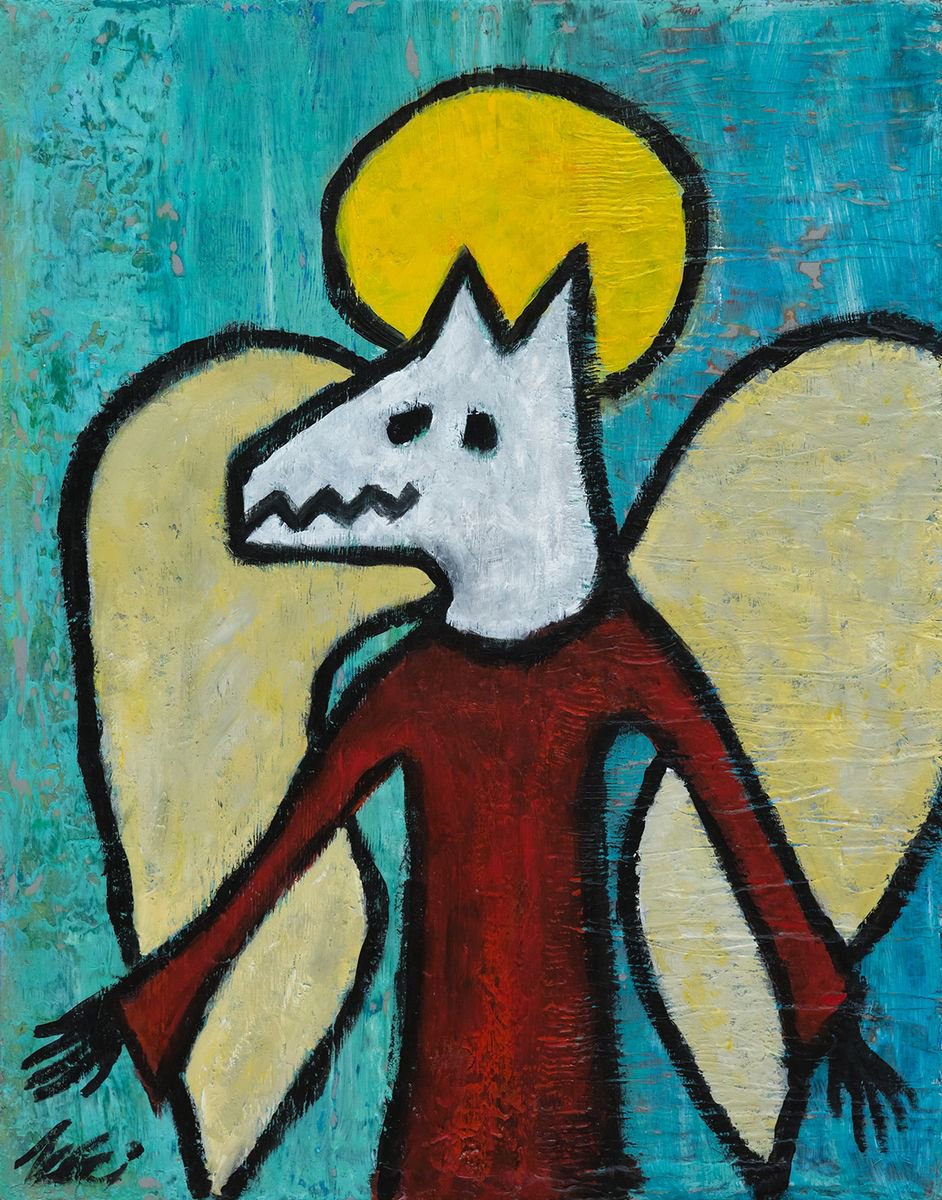 Naive Animal Acrylic Painting By Peter Zelei, 15 X 20", Angel, Original Artwork