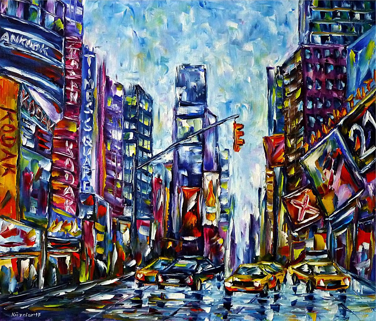 Expressive Cityscapes Oil Painting By Mirek Kuzniar, 28 X 24", New York, Times Square, Original Artwork