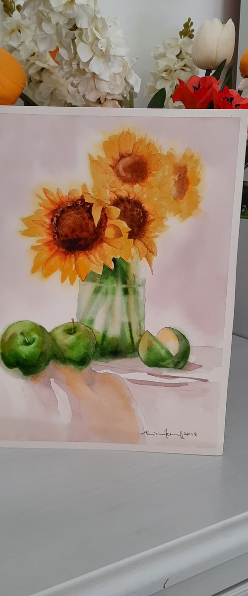Sunflower Symphony - Original Watercolour Painting of Sunflowers and apples - UK Artist by Alison Fennell