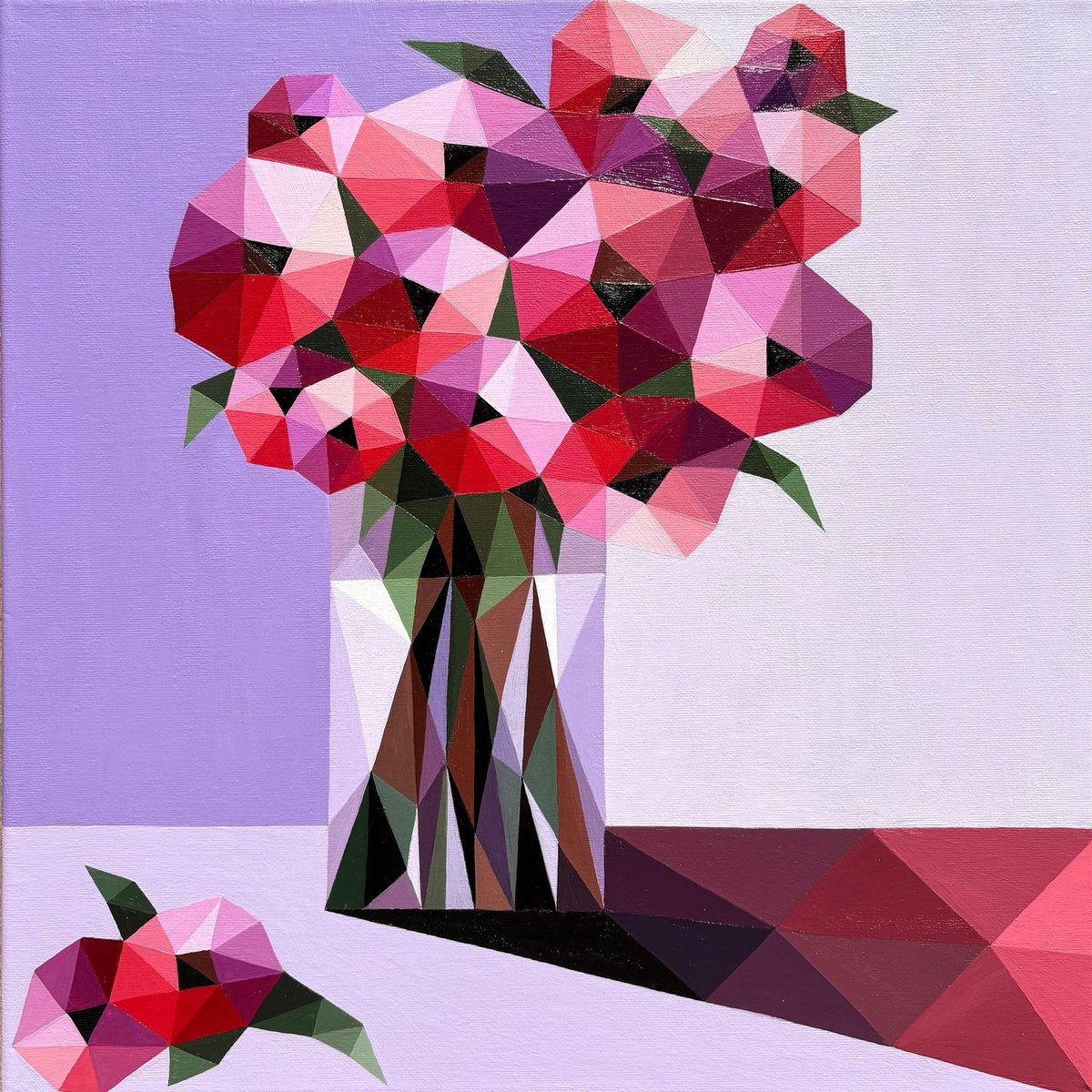Geometric Still Life Acrylic Painting By Maria Tuzhilkina, 16 X 16", Red Roses On Purple, Original Artwork