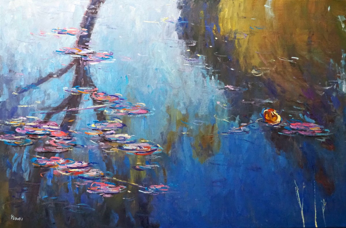 Impressionistic Landscape Oil Painting By Yuanyuan Liu, 35 X 24", Lotus Leaves, Original Artwork