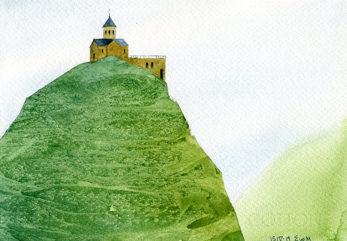 Ancient church in Georgia. Original watercolor artwork. by Evgeniya Mokeeva