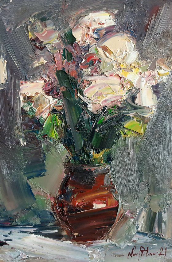 Abstract flowers in vase(30x20cm, oil painting, palette knife)