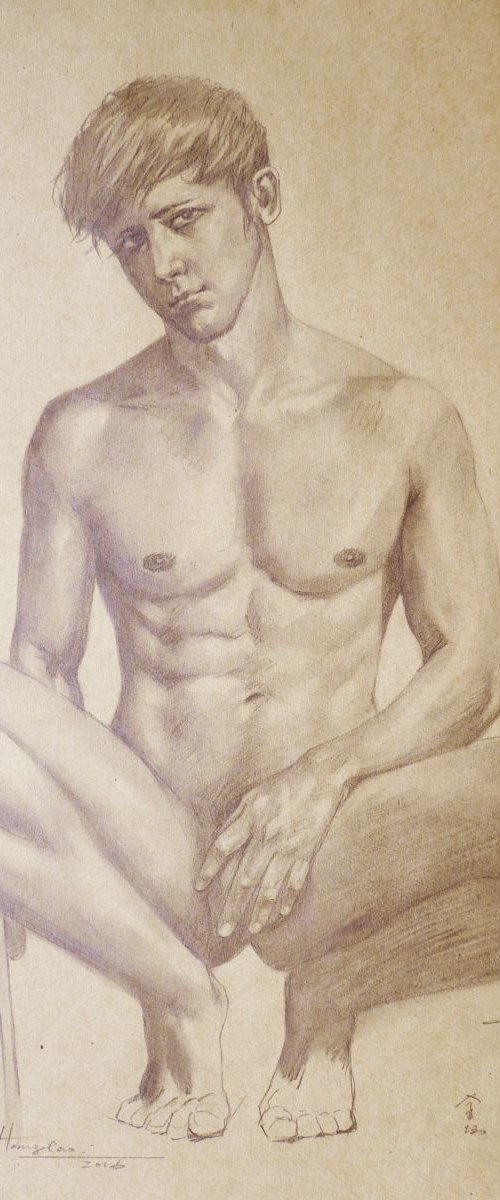 DRAWING PENCIL MALE NUDE BOY ON BROWN PAPER#16-6-13-01 by Hongtao Huang