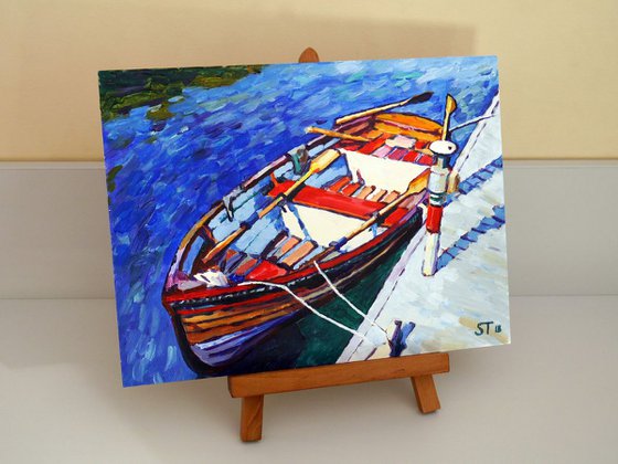 "Colorful boat by a pier" original acrylic water painting, wall décor gift idea