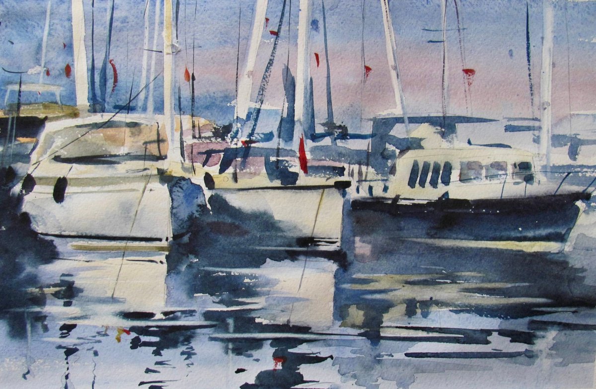 Impressionistic Landscape Watercolour By Tetiana Shendryk, 16 X 11", Boats At Sunset, Original Artwork