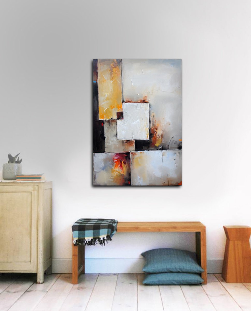 Abstract Oil Painting By Stanislav Lazarov, 28 X 39", Geometric Silhouettes, Original Artwork