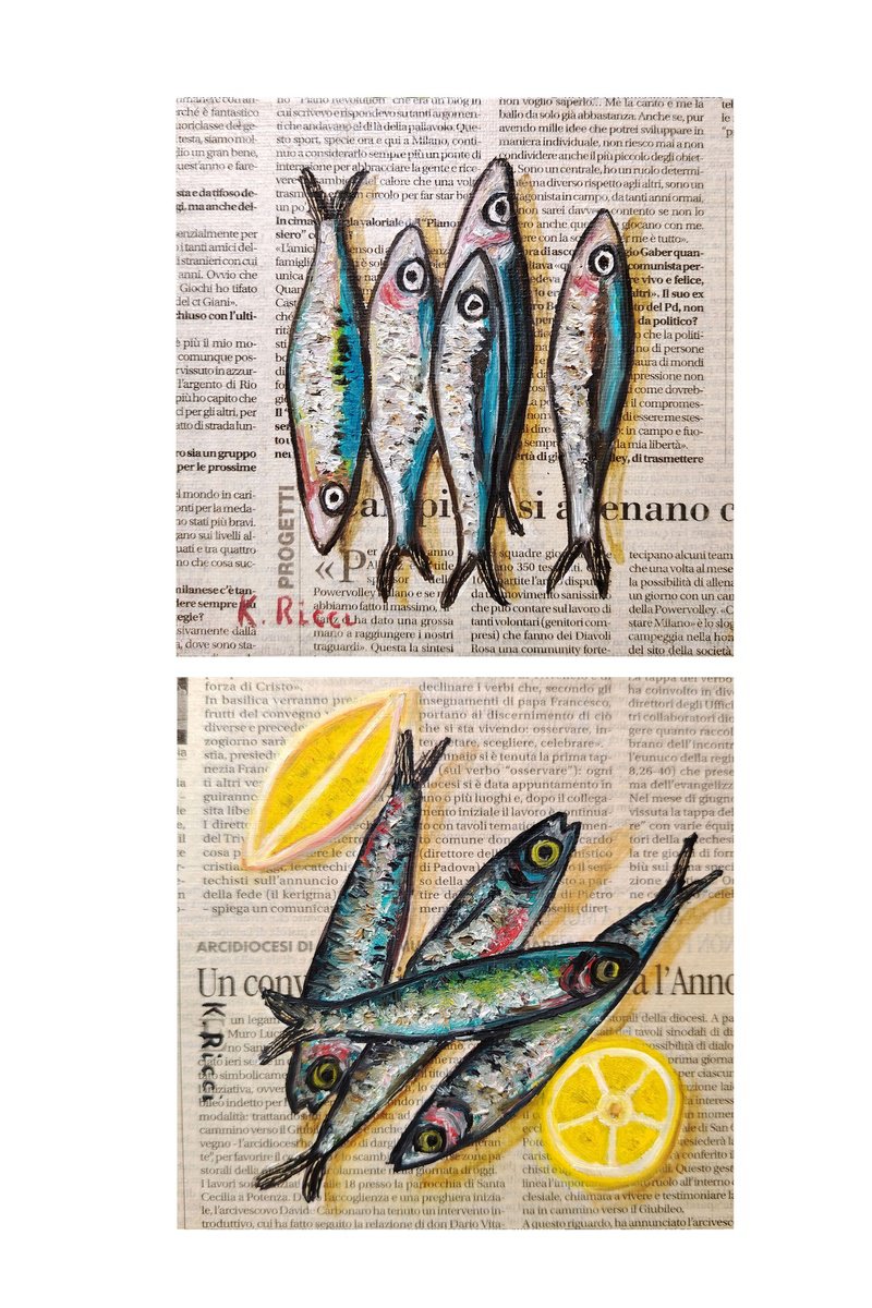 Impressionistic Still Life Oil Painting By Katia Ricci, 6 X 6", Fishes On Gazette, Original Artwork