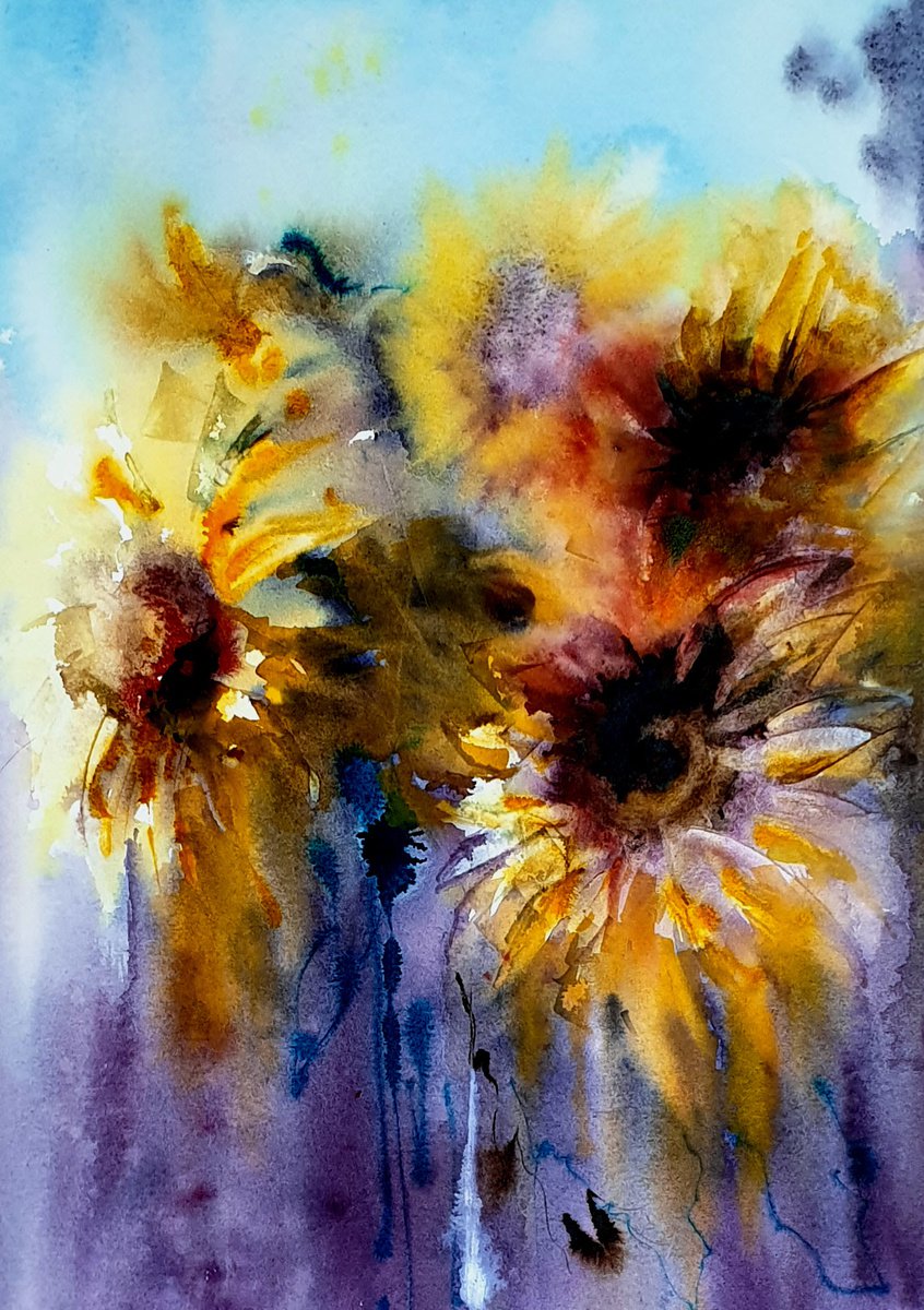 Impressionistic Botanical Watercolour By Elena Genkin, 14 X 20, Sunflowers, Original Artwork
