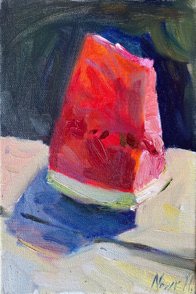 Watermelon light | still life modern original oil painting by Nataliia Nosyk