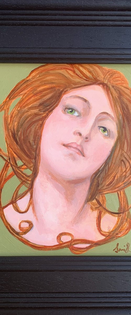 Art Nouveau Mucha oil on wood painting. Female portrait, framed ready to hang. by Jackie Smith