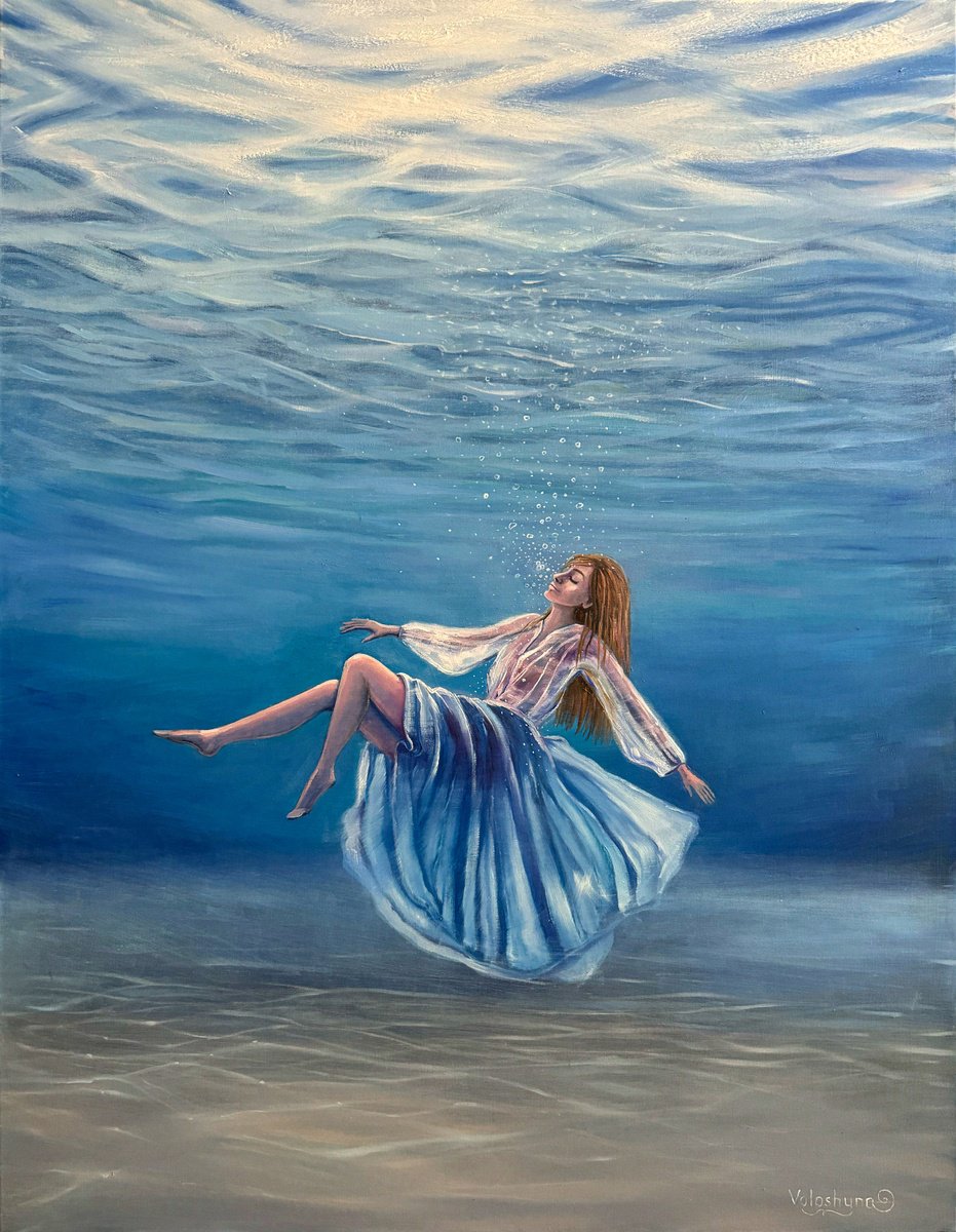 Impressionistic Portrait Oil Painting By Mary Voloshyna, 28 X 35", Freedom Underwater, Original Artwork