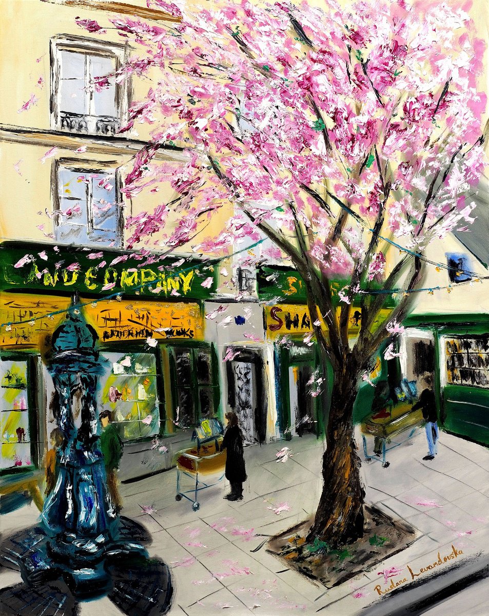 Impressionistic Cityscapes Oil Painting By Ruslana Levandovska, 24 X 30", Cherry Blossoms At Shakespeare And Company, Paris - With Gold Embellishment, Artfinder