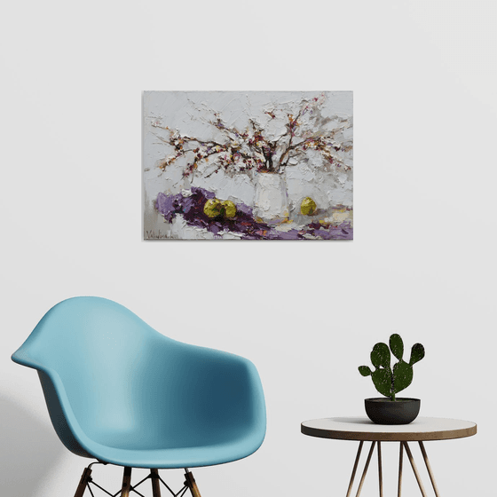 Spring still life with flowering branch Original Oil painting