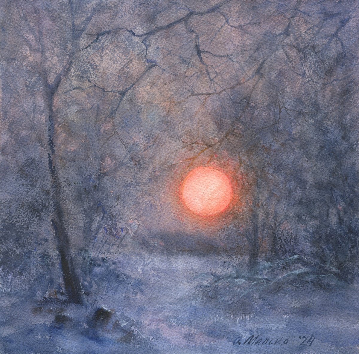 Impressionistic Landscape Watercolour By Olha Malko, 11 X 11", Tangerine Moon, Original Artwork