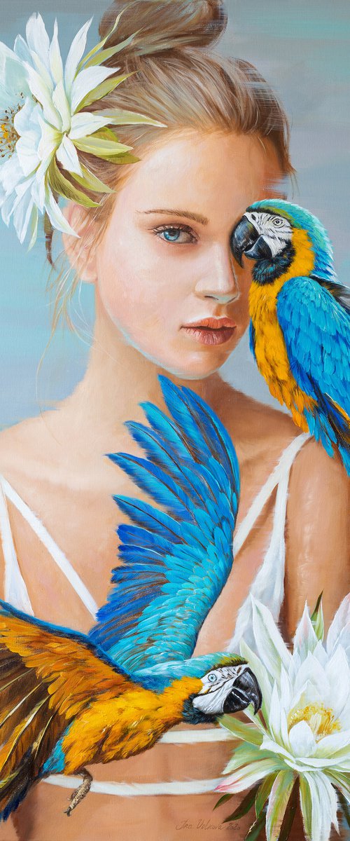 Girl with blue parrots by Ira Volkova