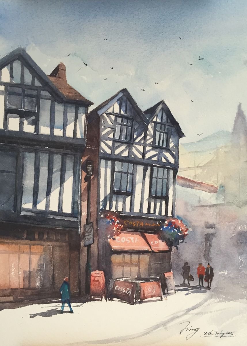 Impressionistic Cityscapes Watercolour By Jing Chen, 11 X 15, Coffee Shop 2, Original Artwork