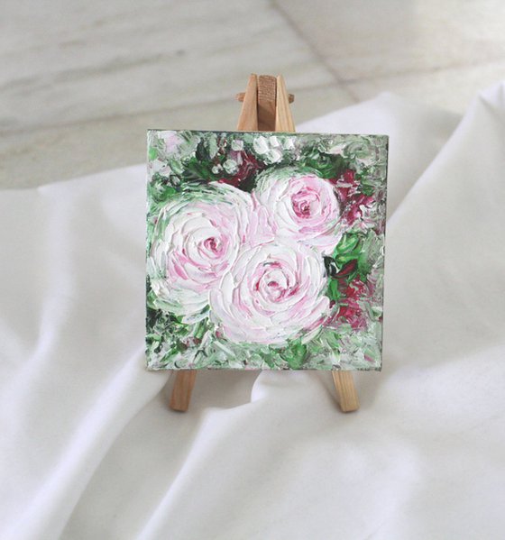 Roses - Pinkish white roses - Palette knife - textured oil painting on mini canvas and easel - gift art