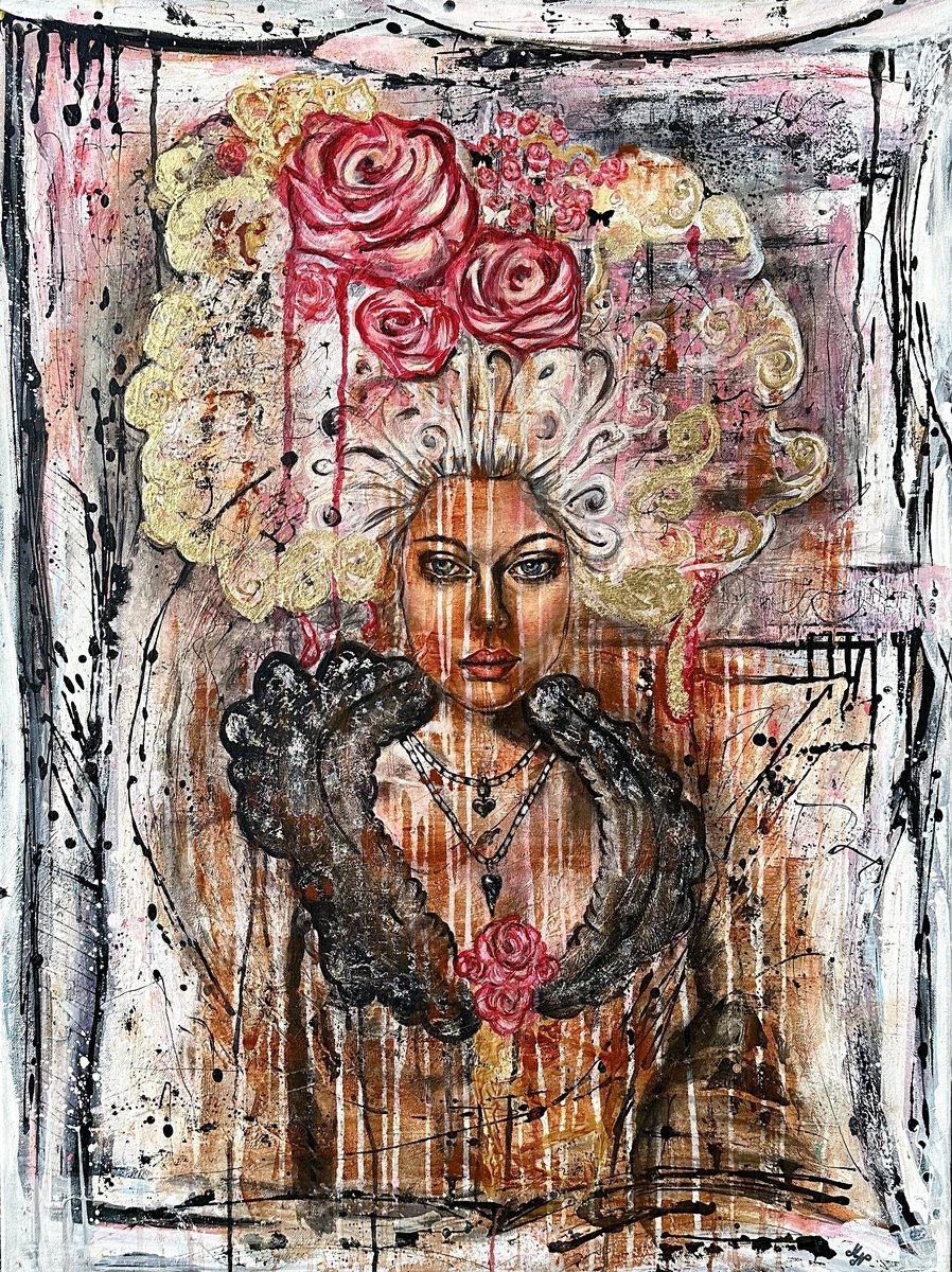 Abstract Portrait Acrylic Painting By Misty Lady - M. Nierobisz, 30 X 40", Queen Of Spades, Original Artwork