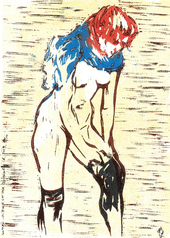 Woman putting on her stockings - Linoprint inspired by Toulouse Lautrec