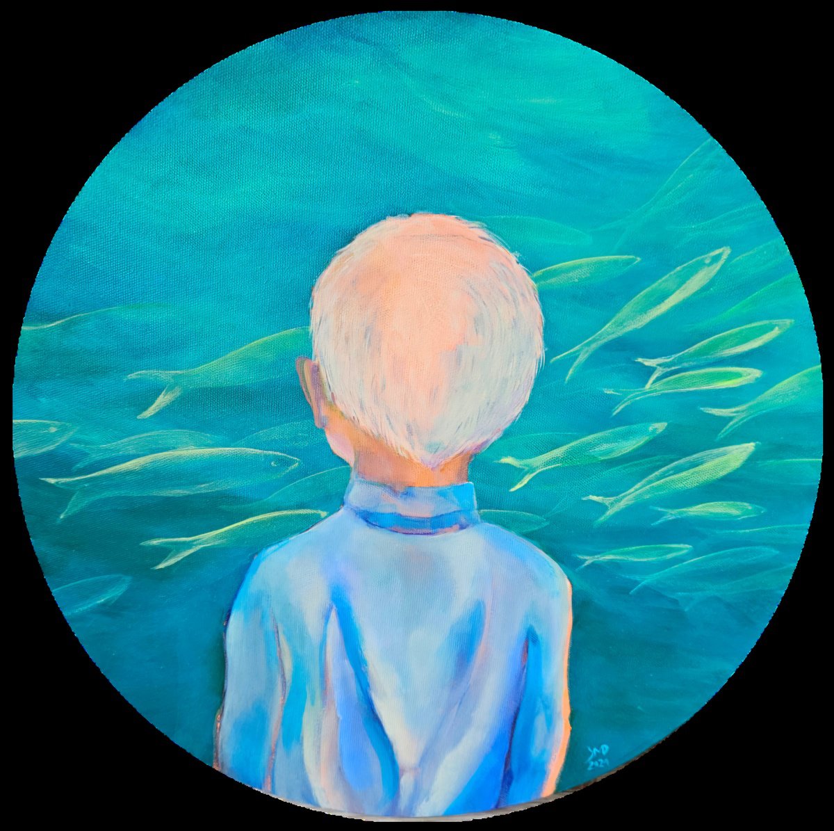 Expressive Portrait Acrylic Painting By Ksenia June, 16 X 16", Life Aquarium - A Boy And Fish, Original Artwork