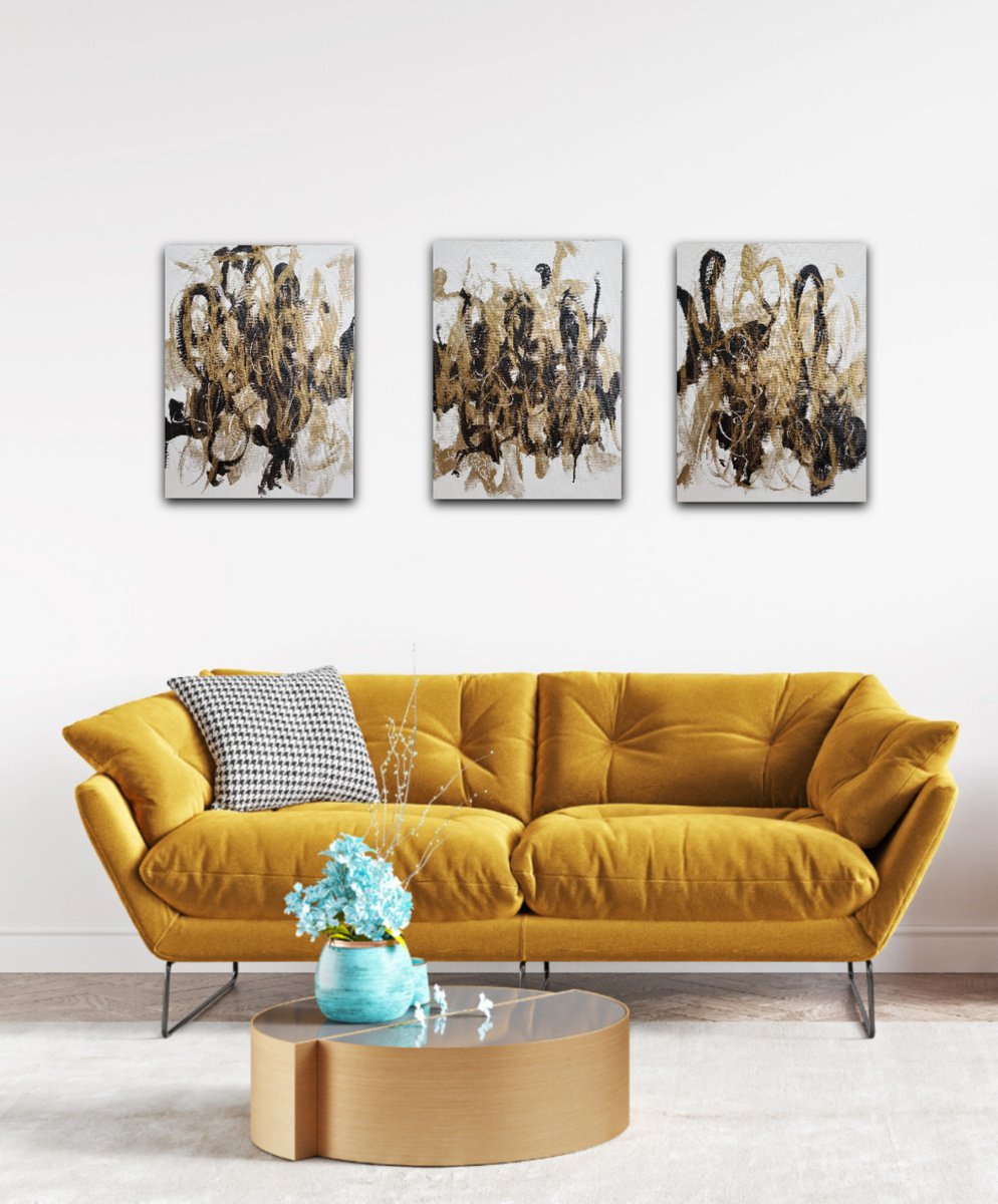 Abstract Acrylic Painting By Joyce Fournier, 57 X 24", Moments In Time Triptych, Original Artwork