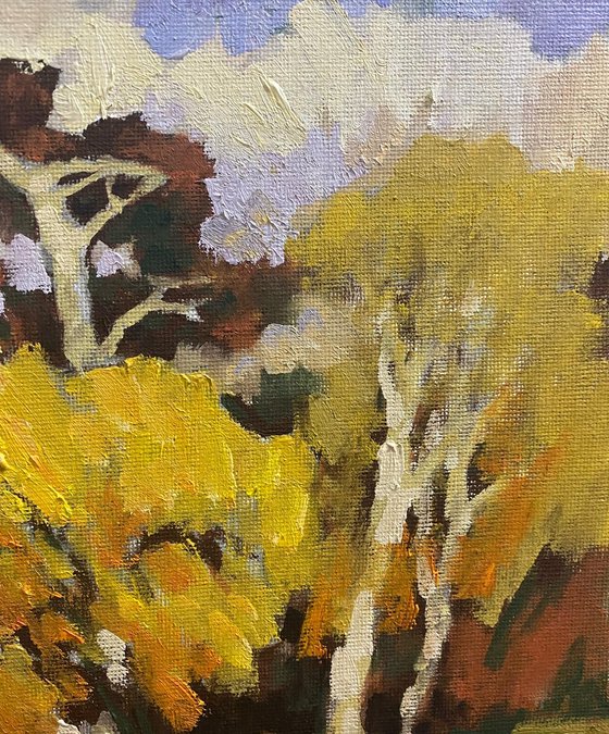 Original Oil Painting Wall Art Artwork Signed Hand Made Jixiang Dong Canvas 25cm × 30cm Trees in Autumn Park small  Impressionism