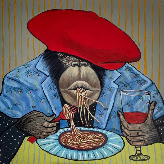 Boss enjoying his spaghetti and wine