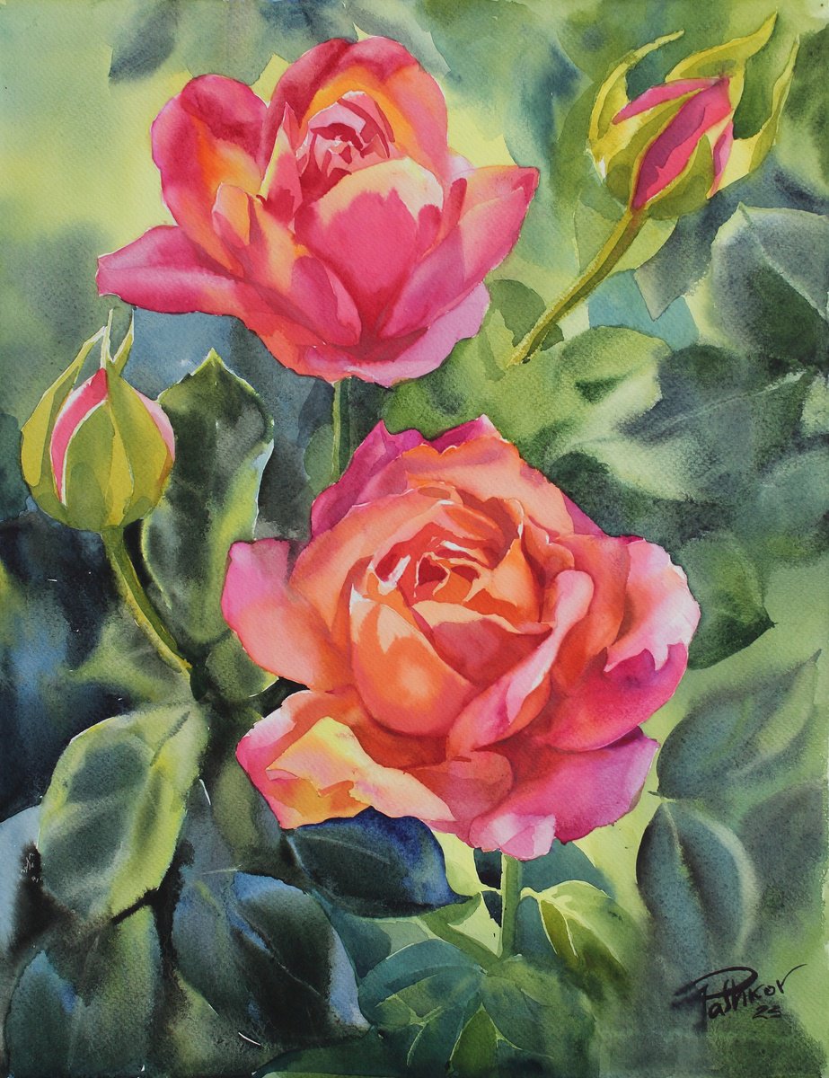 Impressionistic Botanical Watercolour By Yurii Pashkov, 15 X 19", Roses#5, Original Artwork