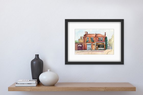 Cozy brick house in a provincial town. Original watercolor artwork.