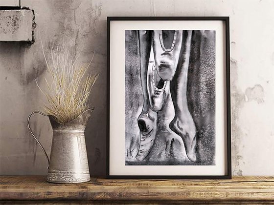 Pointe Shoes Painting Original Watercolor Artwork Ballet Feet Black Monochrome Art 8 by 12"