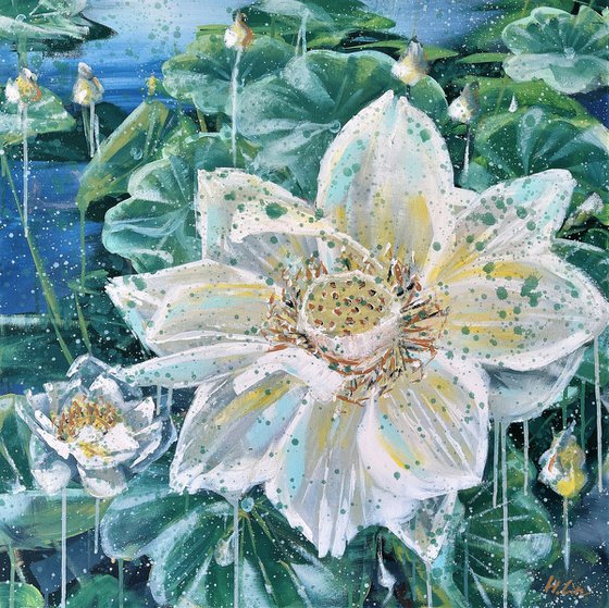 Be Here And Now - White Lotus Flowers in a Pond By HSIN LIN