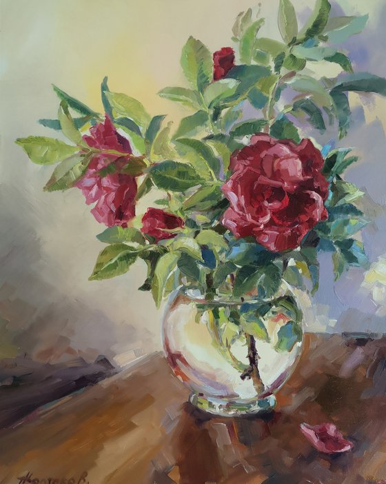 "Fresh cut roses under the white light", original, one of a kind, oil on canvas still life (16×20")