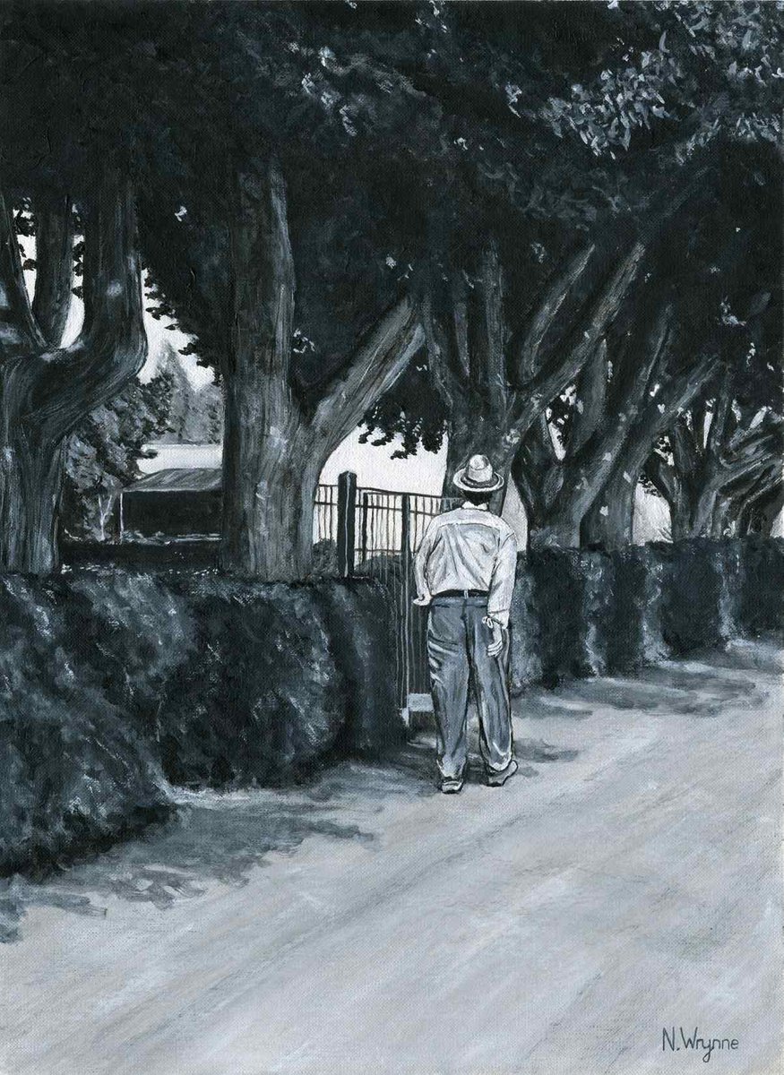 Afternoon Stroll - Monochrome Acrylic Countryside Old man Scene by Neil Wrynne