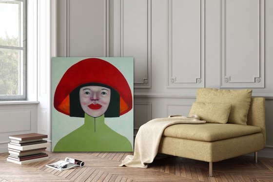 Lady wearing a red hat