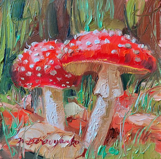 Fly agaric artwork Mushroom painting original oil small framed art, Mushroom gift cute little painting - Best friend forever