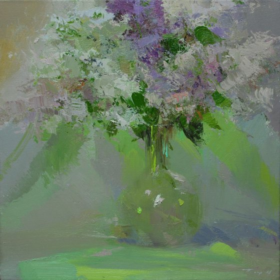 Original oil painting - Lilacs flowers green canvas painting - Transparent Bloom