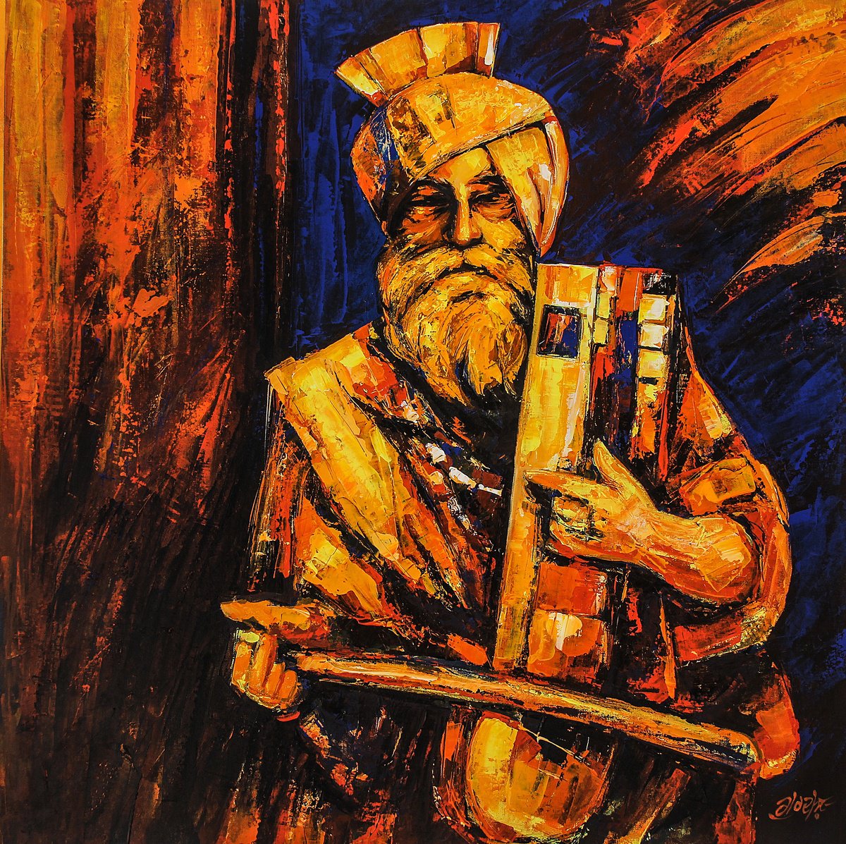 Impressionistic Portrait Acrylic Painting By Artist Gurdish Pannu, 18 X 18, Punjabi Folk Art, Original Artwork