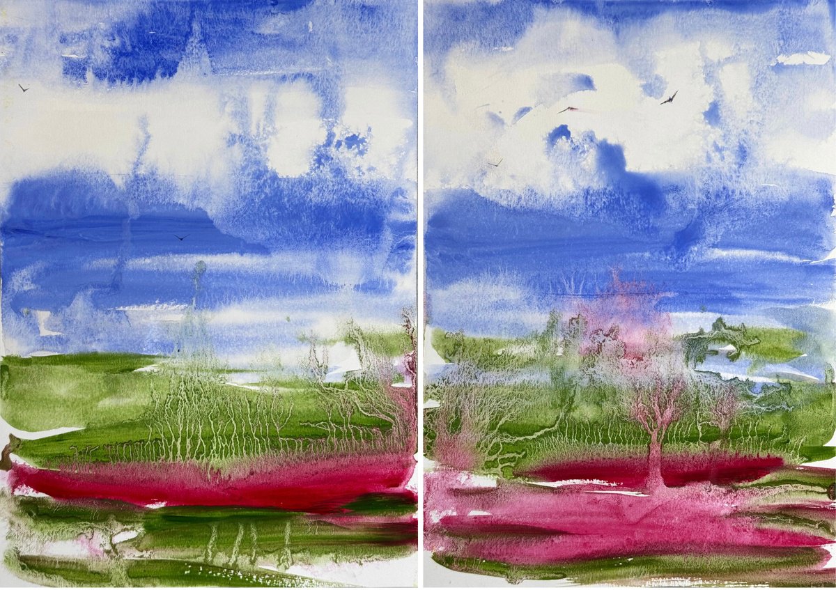 Abstract Painting By Yuliia Sharapova, 24 X 16", Spring Rain Abstract Landscape, Original Artwork